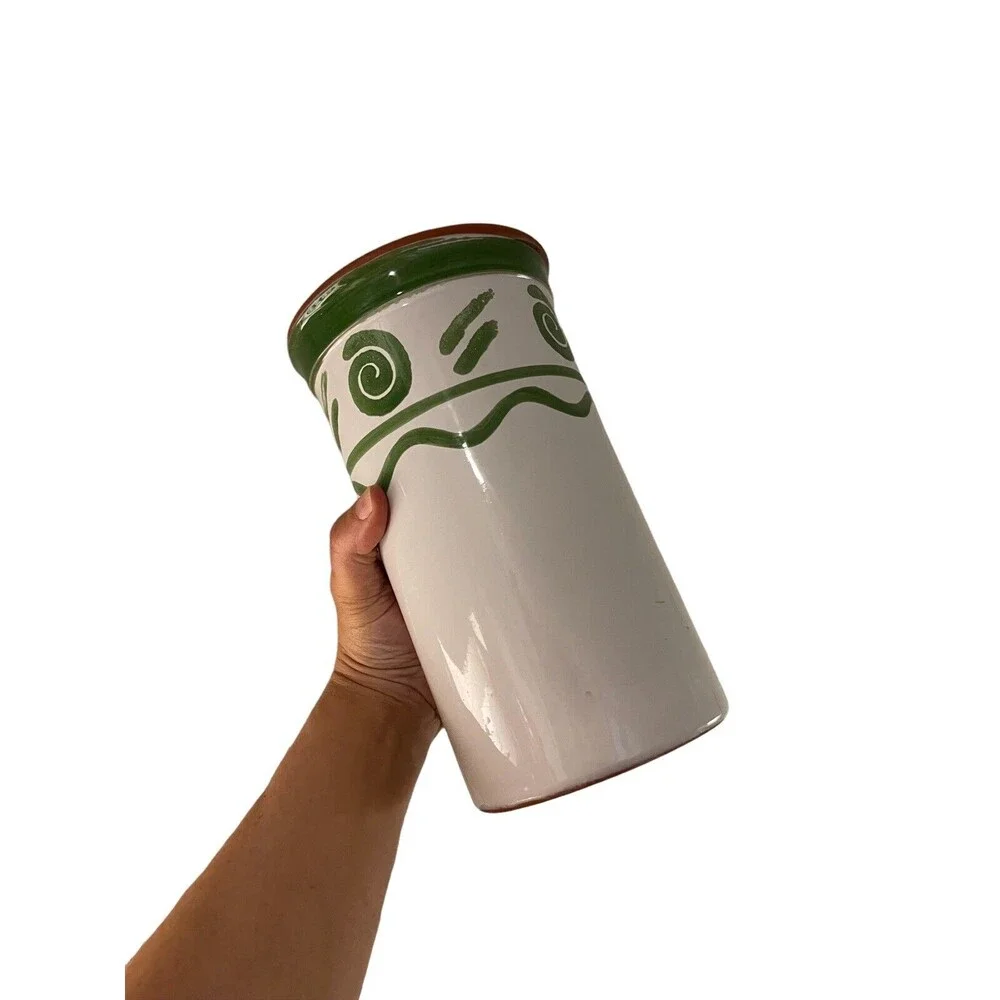 Hand Painted Terra Cotta Wine Chiller/Kitchen Utensil Holder Design Green/White